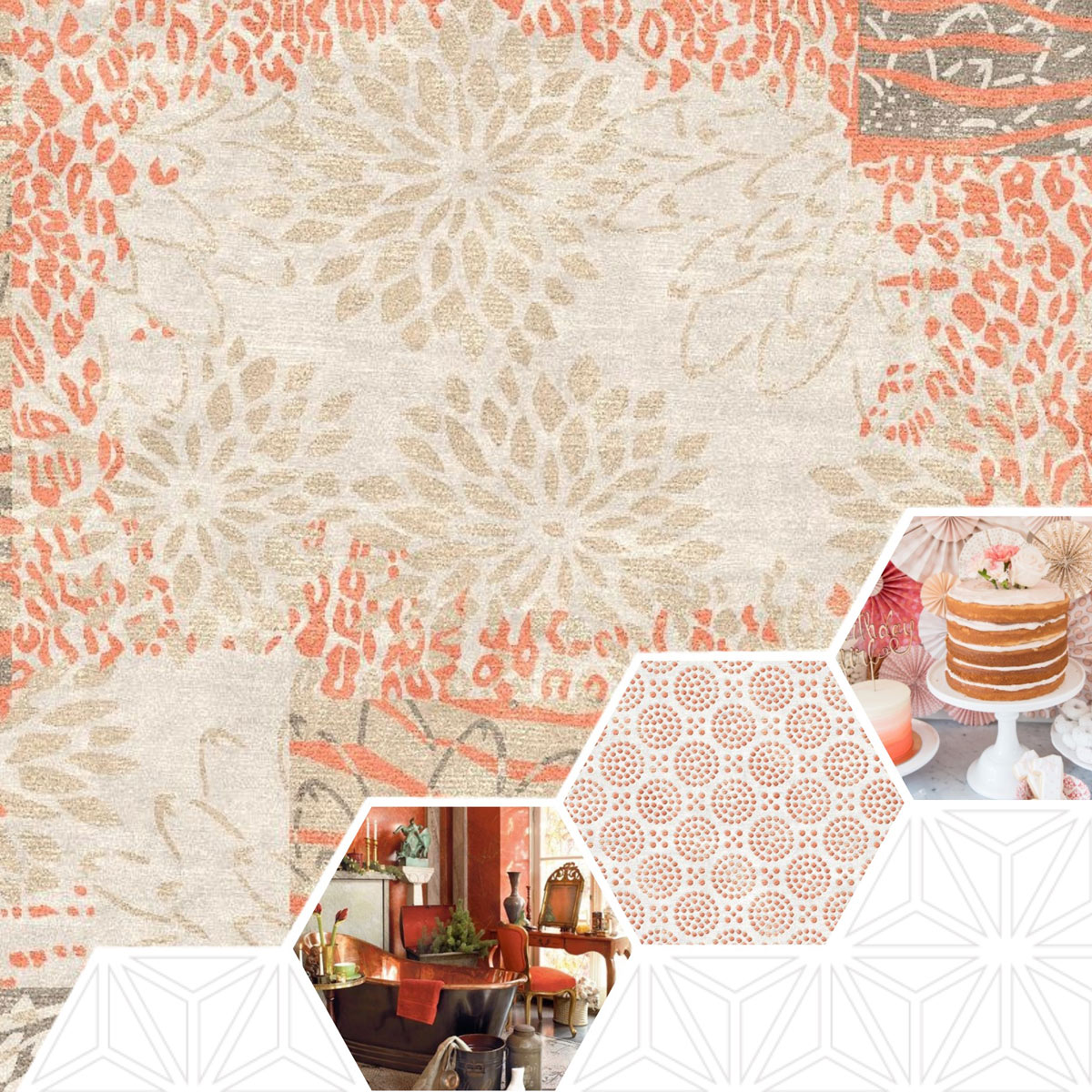Living Coral Is the Color of the Year for 2019; Signature 16 Coral themed rug alongside of elegant coral themed bathroom and set of birthday cakes (bathroom image from Nancy Worden Geisel - https://www.pinterest.com/pin/499618152386898659/?lp=true; cakes photo from www.karaspartyideas.com)