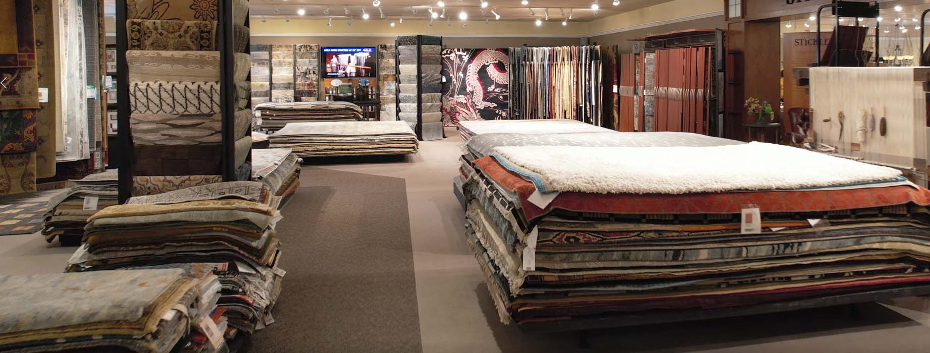 A picture of our showroom in Seldens of Tacoma featuring modern rugs, traditional rugs, transitional rugs, contemporary rugs, inddor/outdoor luxury rugs, shag rugs, and bohemian area rugs.