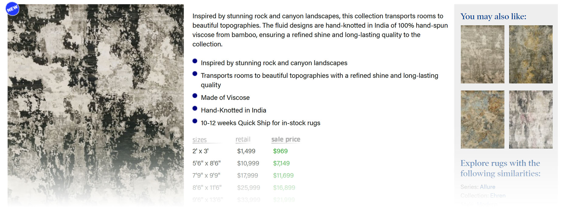 Using the website to browse our large area rugs sale - the prices are listed to the right of the sizes. 