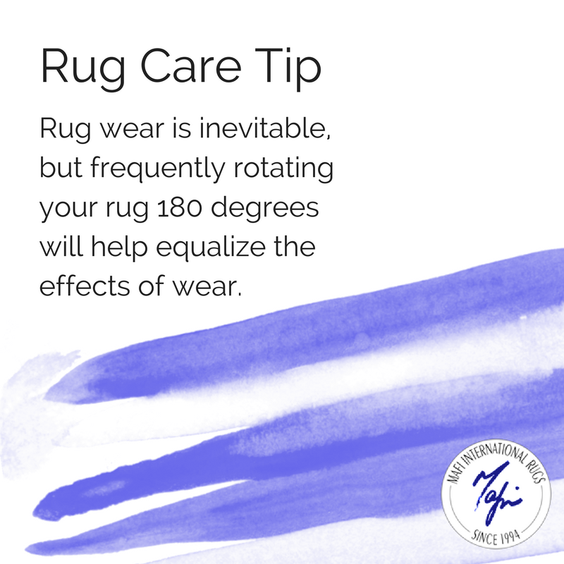 Rug wear is inevitable, but frequently rotating your rug 180 degrees will help equalize the effects of wear.