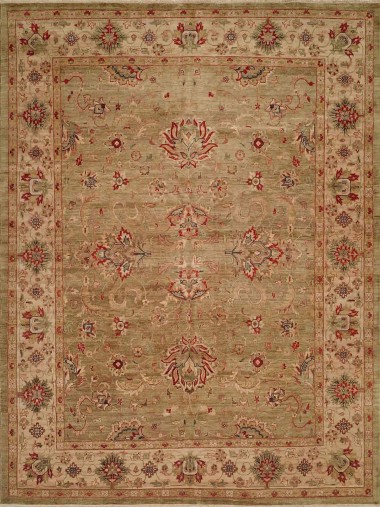 Traditional Green Wool Area Rug: Regal Babalonian 182485: Green/Ivory (Hand-Knotted Area Rug)