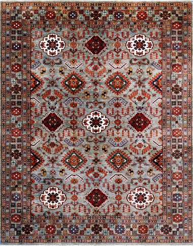 Bohemian/Traditional Grey/Silver Wool Area Rug: Karachi Mughal 10469: Silver (Hand-Knotted Area Rug)