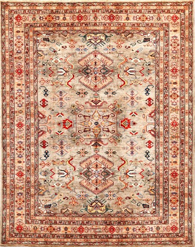 Bohemian/Traditional Beige/Tan Wool Area Rug: Karachi Mughal 52: Beige/Gold (Hand-Knotted Area Rug)
