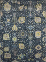Traditional/Bohemian Blue/Navy Wool Area Rug: Antiquity Renaissance Charm 1135504: Midnight/Yellow (Hand-Knotted Area Rug)
